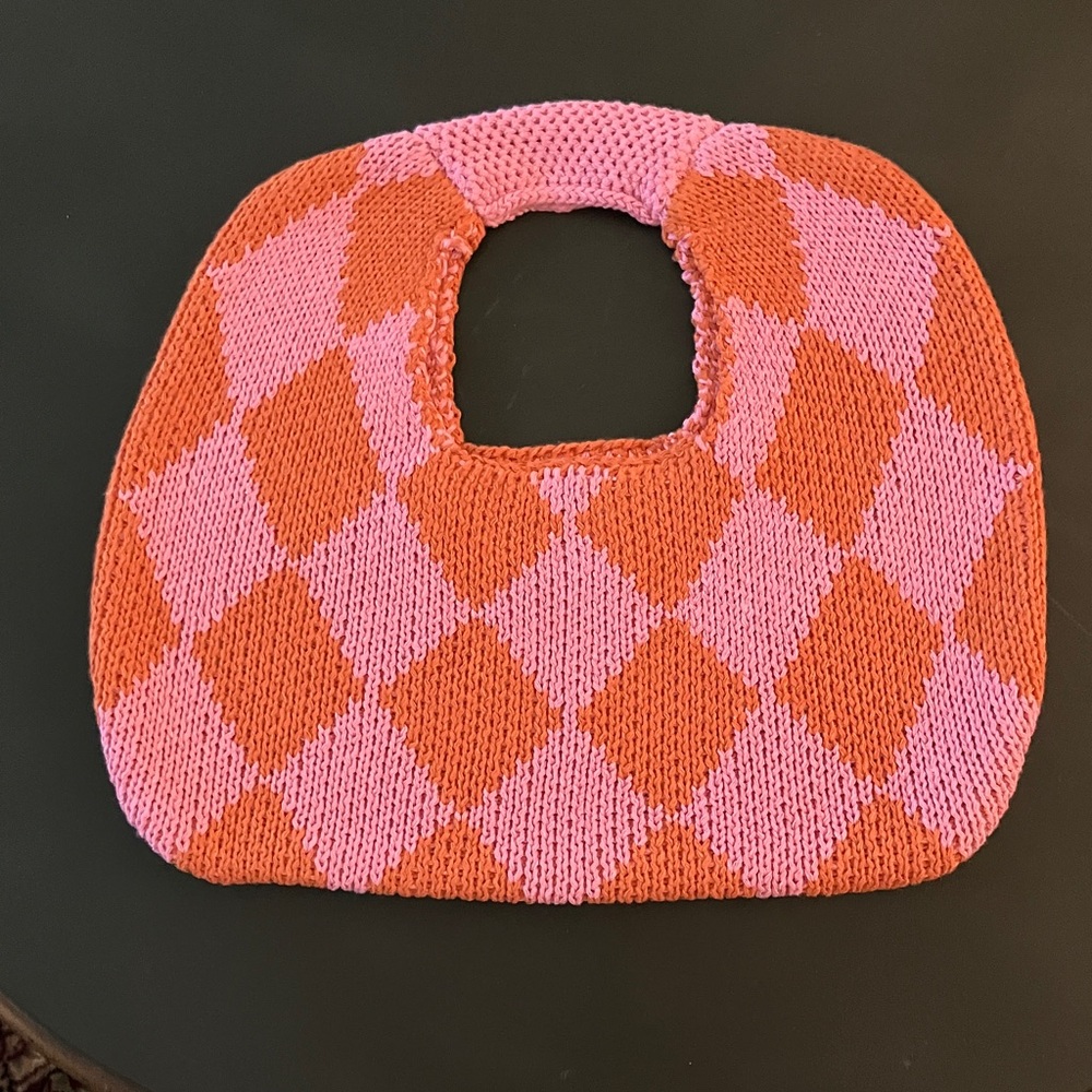 Kopari Knit Argyle Pink Orange Knit Hobo Y2K  Retro Slouchy Bag - Picture 3 of 10
